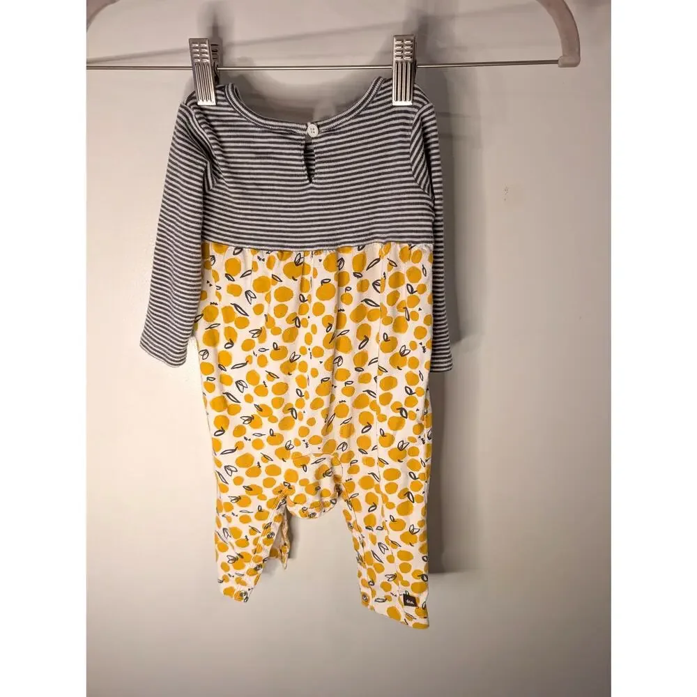 Tea Collection Baby Romper 6-9M Gray Stripe Lemon Print Long Sleeve Cotton